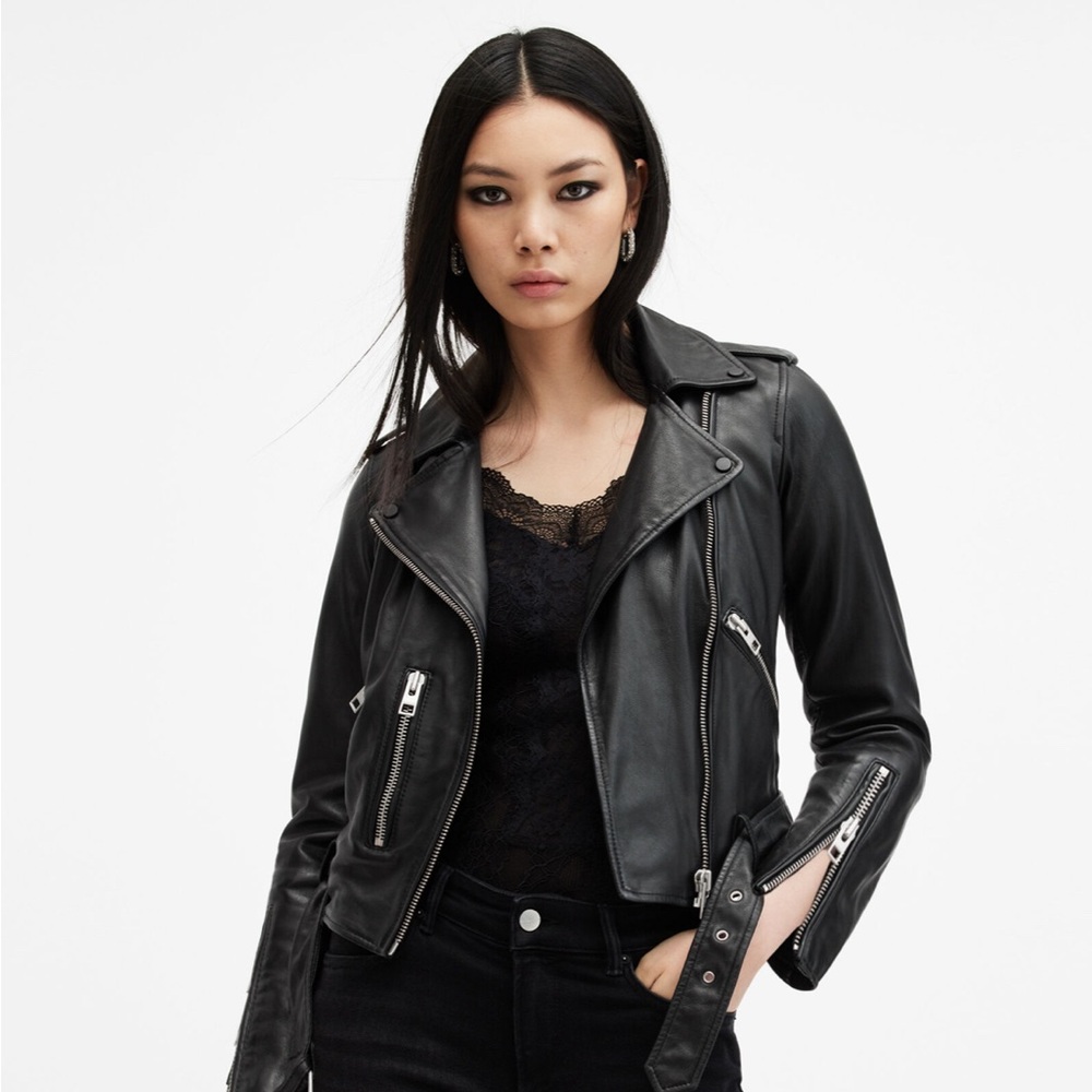All Saints Balfern Belted Hem Leather Biker Jacket